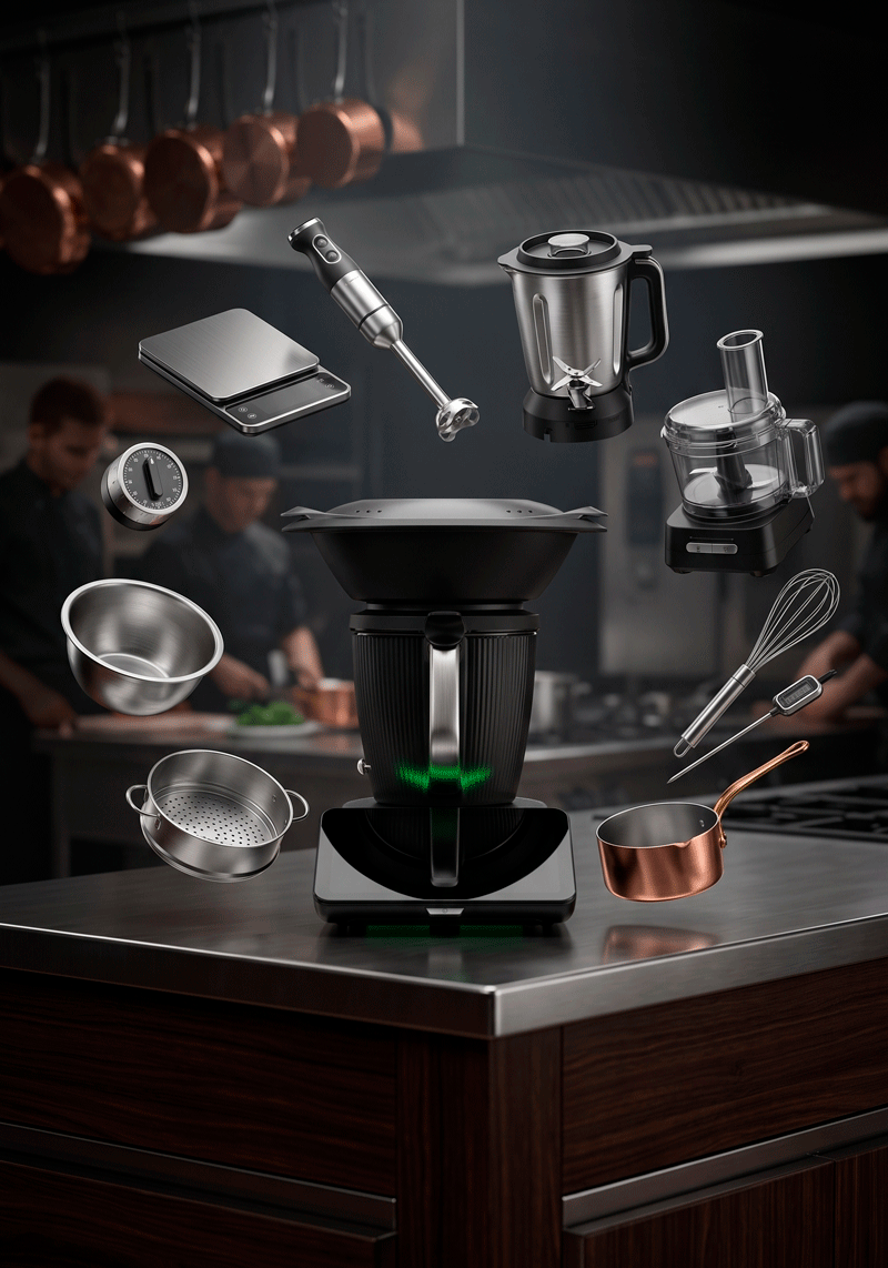 Thermomix® TM7 em cozinha profissional — bancada com ferramentas integradas